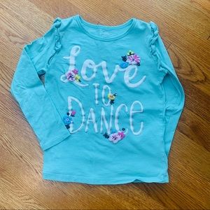 Girls long sleeve tshirt - Love to Dance size 6 sage green floral design ruffles